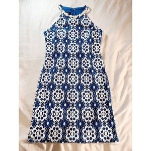 Nine West Women Navy White Floral‎ Mini Cocktail Party Dress Size 6 Neck Beads